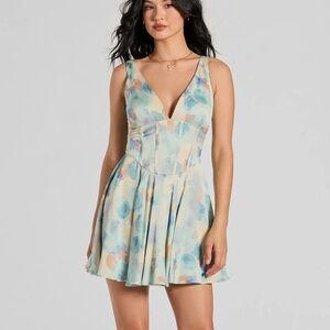 Constant Sensation V-Neck Corset Satin Skater Dress